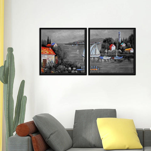 Beautiful Lake View Scenery Wall Painting of 2 Pieces Floating Frame - Decor Mantra 