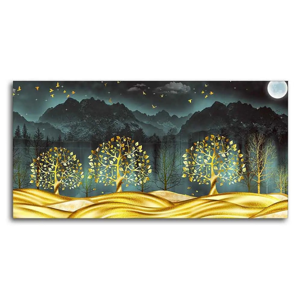 Wall Painting of Golden Trees in Dark Forest - Harshita Craft