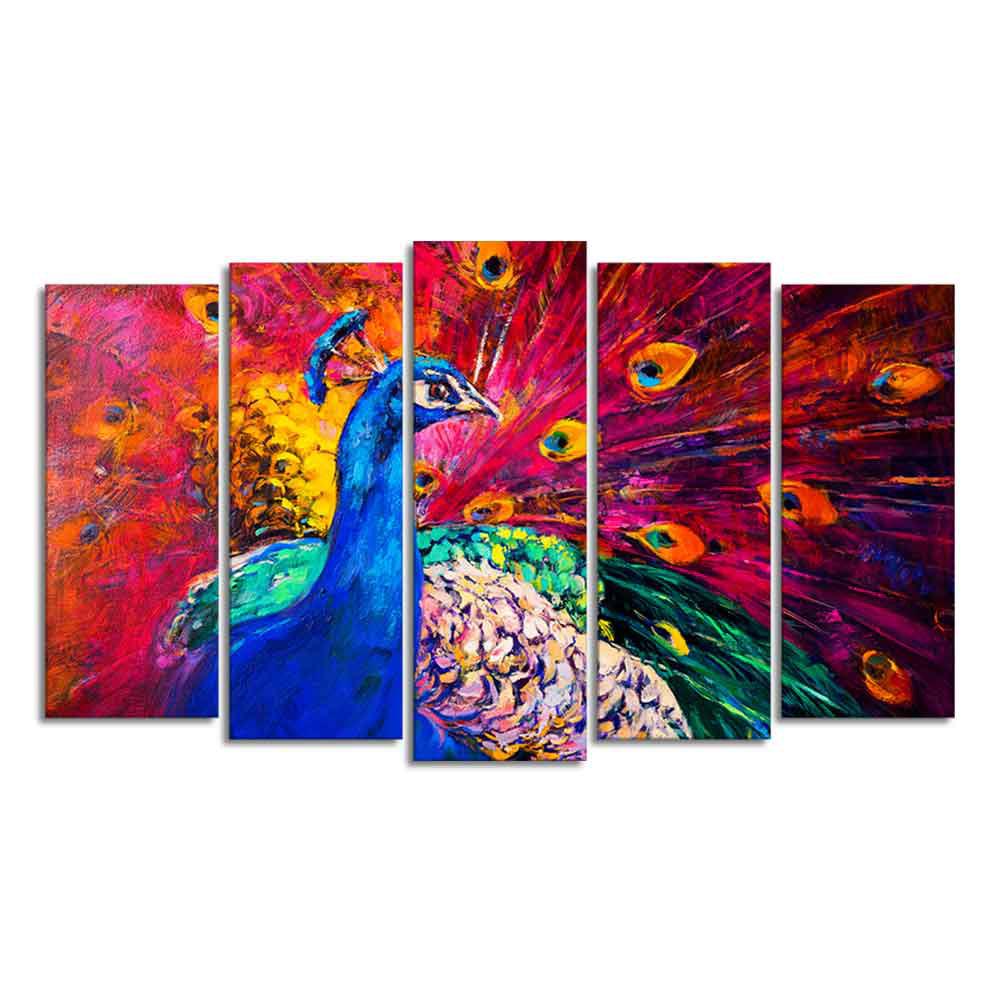 Beautiful Peacock Canvas Wall Painting of Five Pieces - Decor Mantra 