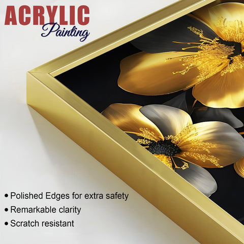 Beautiful Golden Flower Premium Acrylic Floating Wall Painting Set Of 2 - Decor Mantra 