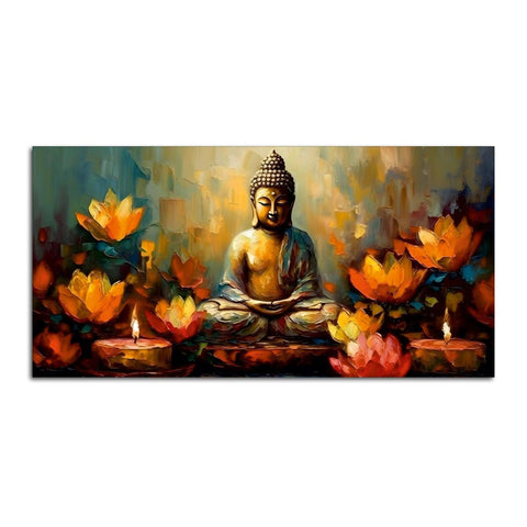 Meditating Buddha Statue with Lotus Flower Canvas Wall Painting - Decor Mantra 