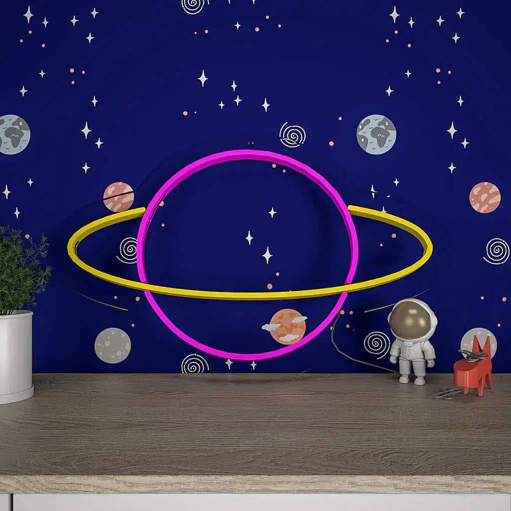 Solar System Saturn Plante Pink & Yellow LED Neon Light DECORMANTRA