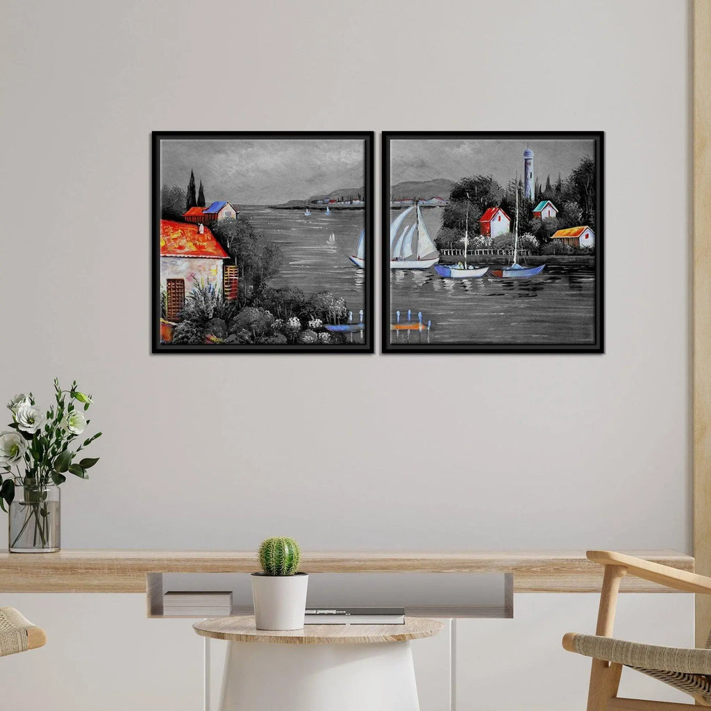 Beautiful Lake View Scenery Wall Painting of 2 Pieces Floating Frame - Decor Mantra 