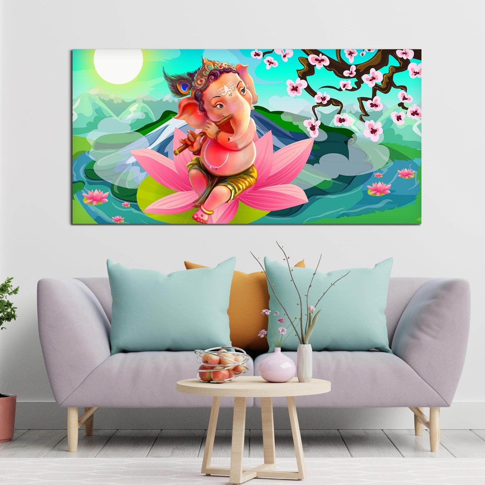 Lord Ganesha Playing Flute Premium Wall Painting - Decor Mantra 