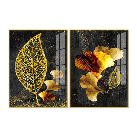 Abstract Golden Shiny Ginkgo Leaf Acrylic Floating Wall Painting Set Of 2 - Decor Mantra 