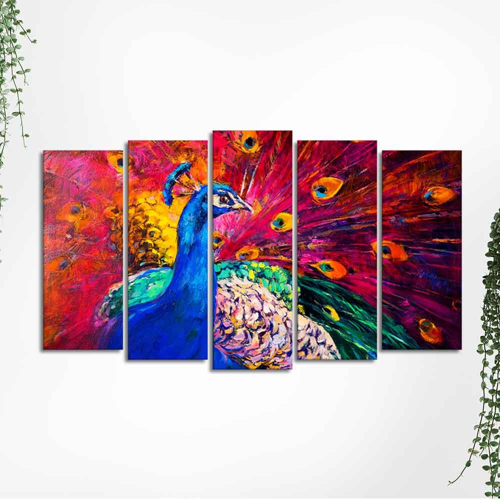 Beautiful Peacock Canvas Wall Painting of Five Pieces - Decor Mantra 