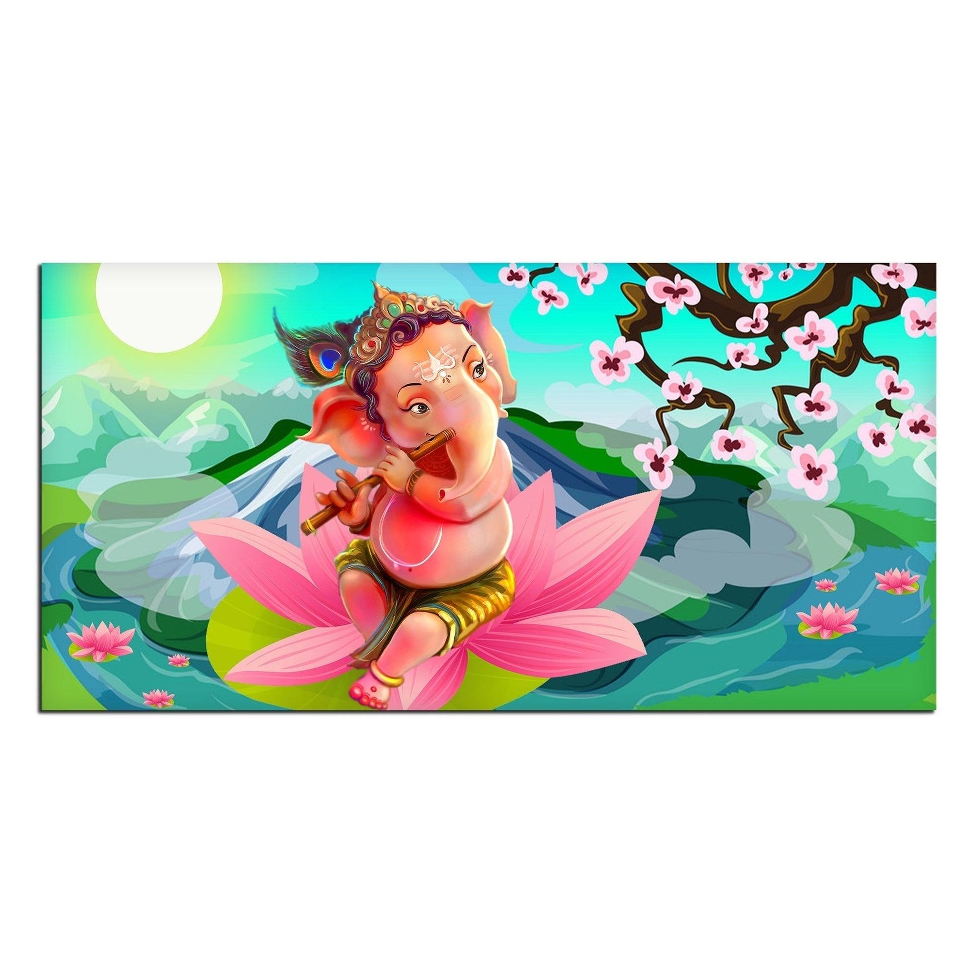 Lord Ganesha Playing Flute Premium Wall Painting - Decor Mantra 