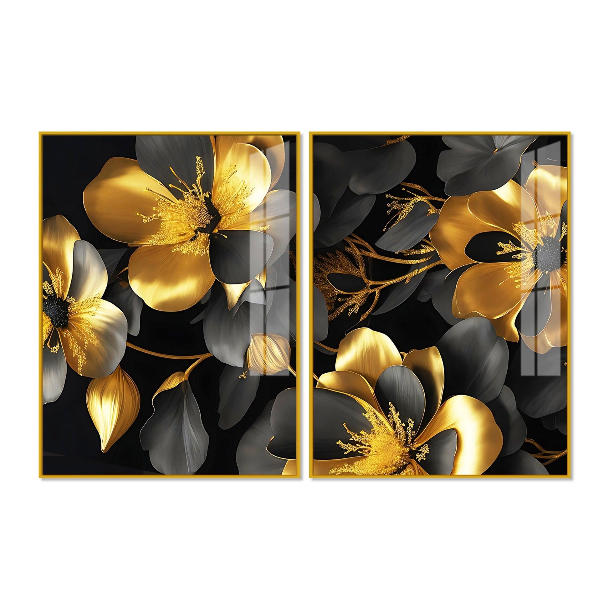 Beautiful Golden Flower Premium Acrylic Floating Wall Painting Set Of 2 - Decor Mantra 