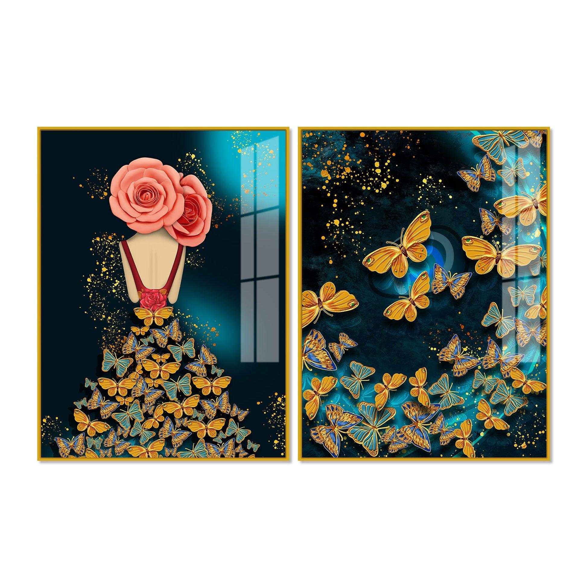 Dress of Golden Butterflies Acrylic Floating Wall Painting Set of 2 - Decor Mantra 