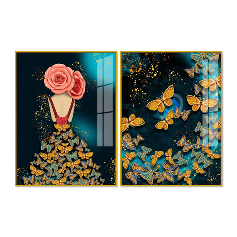 Dress of Golden Butterflies Acrylic Floating Wall Painting Set of 2 - Decor Mantra 