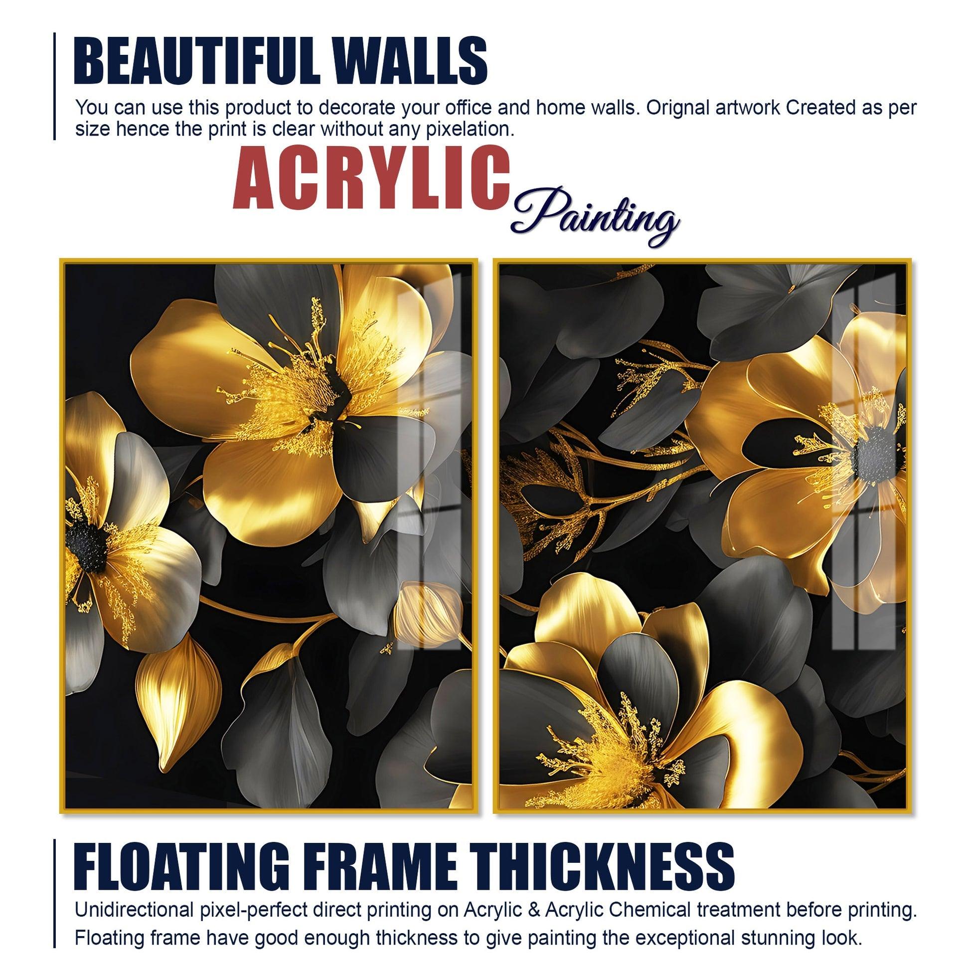 Beautiful Golden Flower Premium Acrylic Floating Wall Painting Set Of 2 - Decor Mantra 