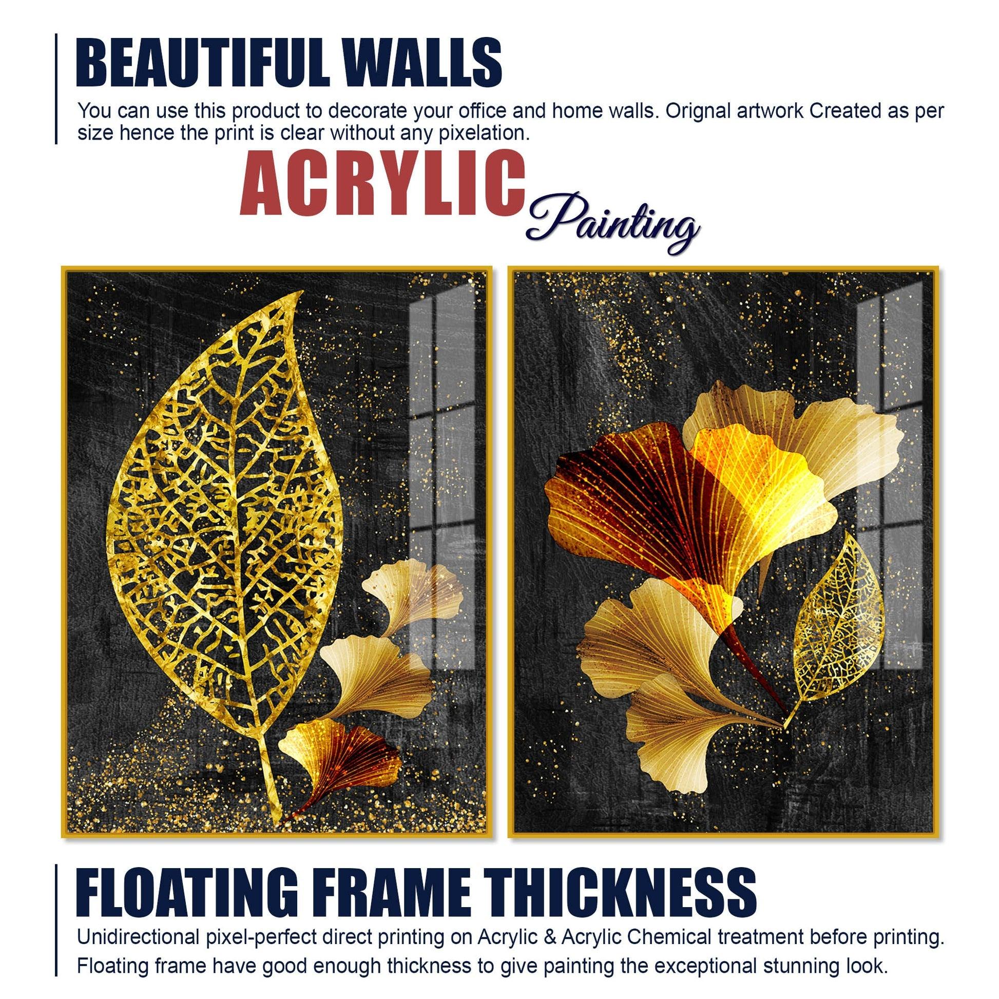 Abstract Golden Shiny Ginkgo Leaf Acrylic Floating Wall Painting Set Of 2 - Decor Mantra 