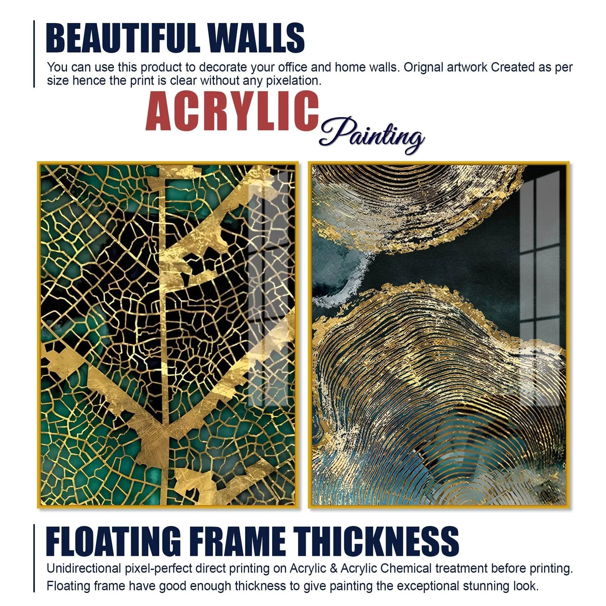 Amazing Golden Pattern Acrylic Floating Wall Painting Set of 2 - Decor Mantra 
