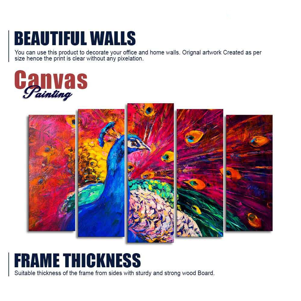 Beautiful Peacock Canvas Wall Painting of Five Pieces - Decor Mantra 
