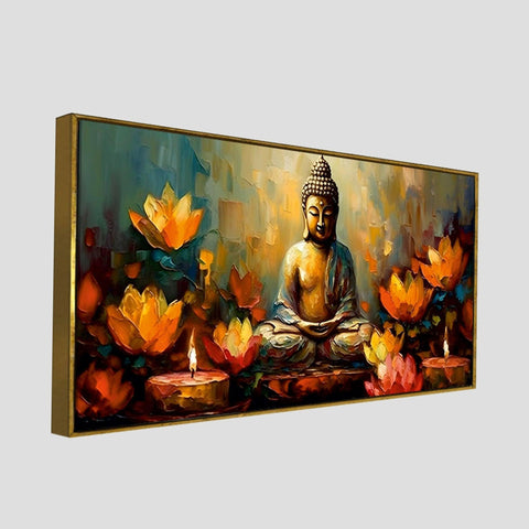 Meditating Buddha Statue with Lotus Flower Canvas Wall Painting - Decor Mantra 