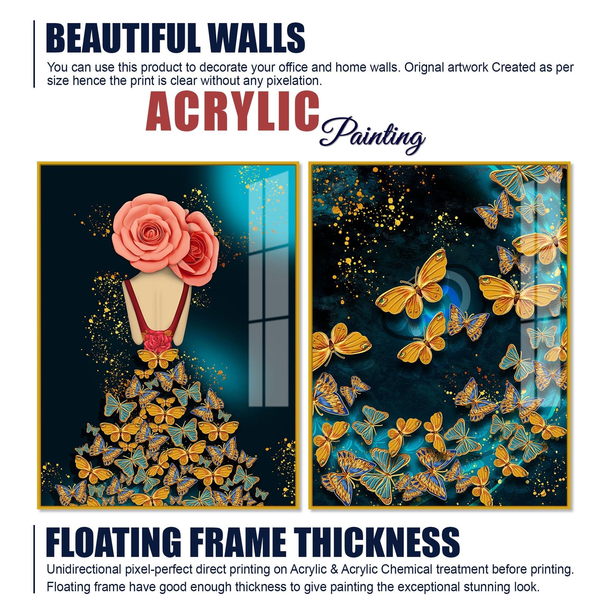 Dress of Golden Butterflies Acrylic Floating Wall Painting Set of 2 - Decor Mantra 