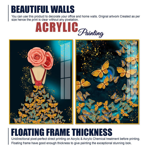Dress of Golden Butterflies Acrylic Floating Wall Painting Set of 2 - Decor Mantra 