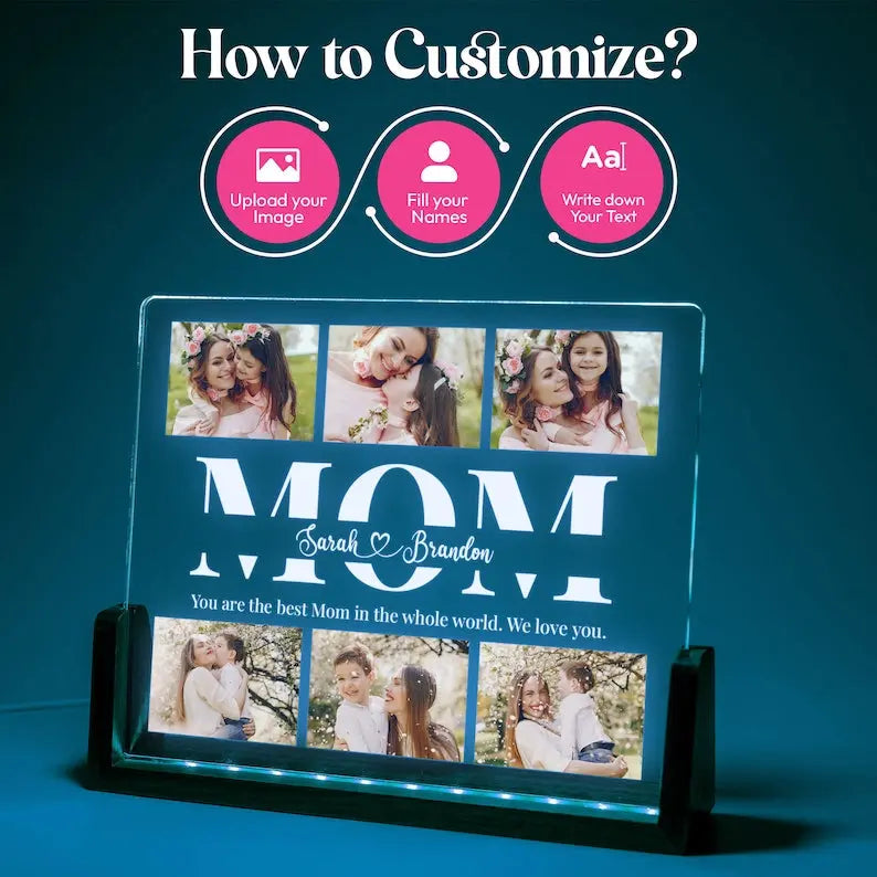 Personalized Photo Night Light Mother's Day Gift for Mom, Acrylic LED Light, Home Decoration - Harshita Craft