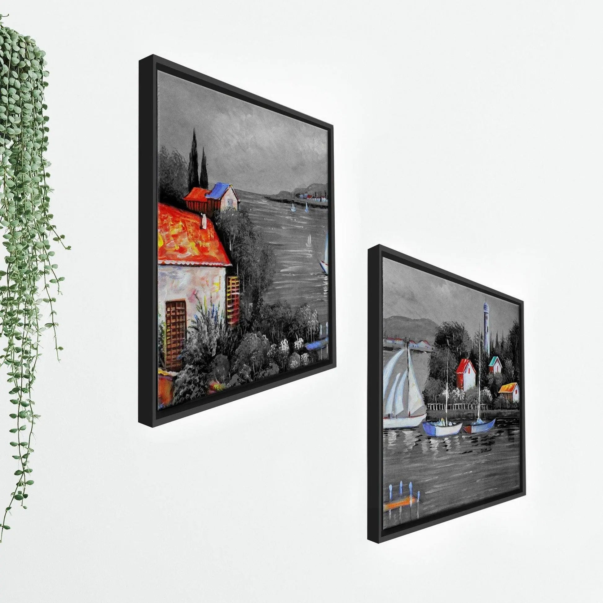 Beautiful Lake View Scenery Wall Painting of 2 Pieces Floating Frame - Decor Mantra 
