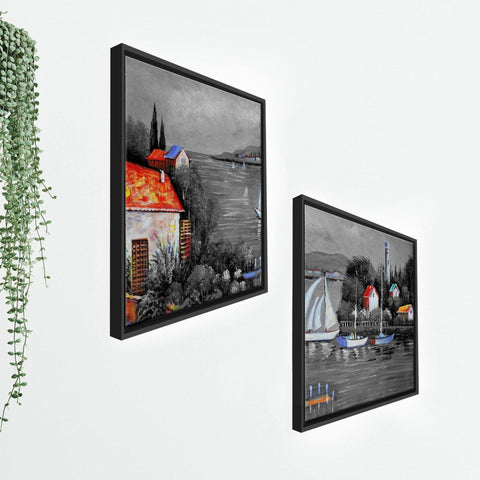 Beautiful Lake View Scenery Wall Painting of 2 Pieces Floating Frame - Decor Mantra 