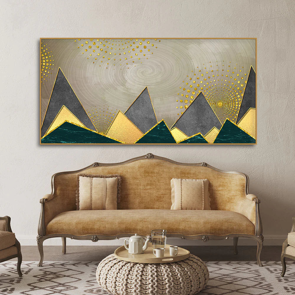 Geometric Shapes with Golden and dark triangles Canvas Wall Painting DECORMANTRA