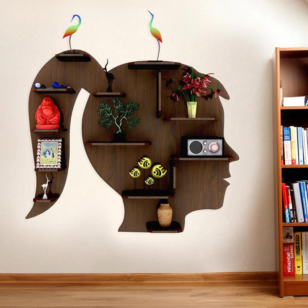 Girl Backlit Designer Wooden Wall Shelf / Book Shelf / Night Light, Walnut Finish - Decor Mantra 