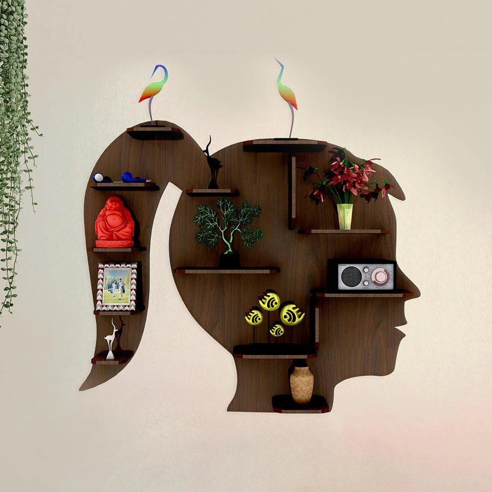 Girl Backlit Designer Wooden Wall Shelf / Book Shelf / Night Light, Walnut Finish - Decor Mantra 