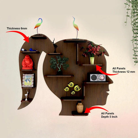 Girl Backlit Designer Wooden Wall Shelf / Book Shelf / Night Light, Walnut Finish - Decor Mantra 