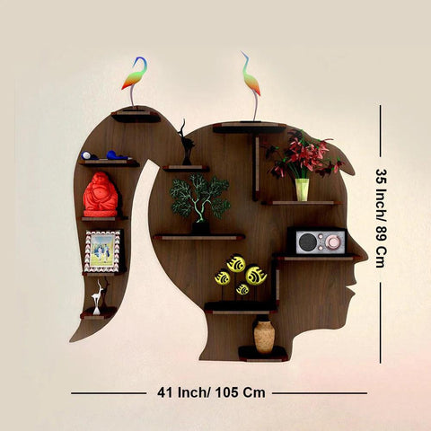 Girl Backlit Designer Wooden Wall Shelf / Book Shelf / Night Light, Walnut Finish - Decor Mantra 