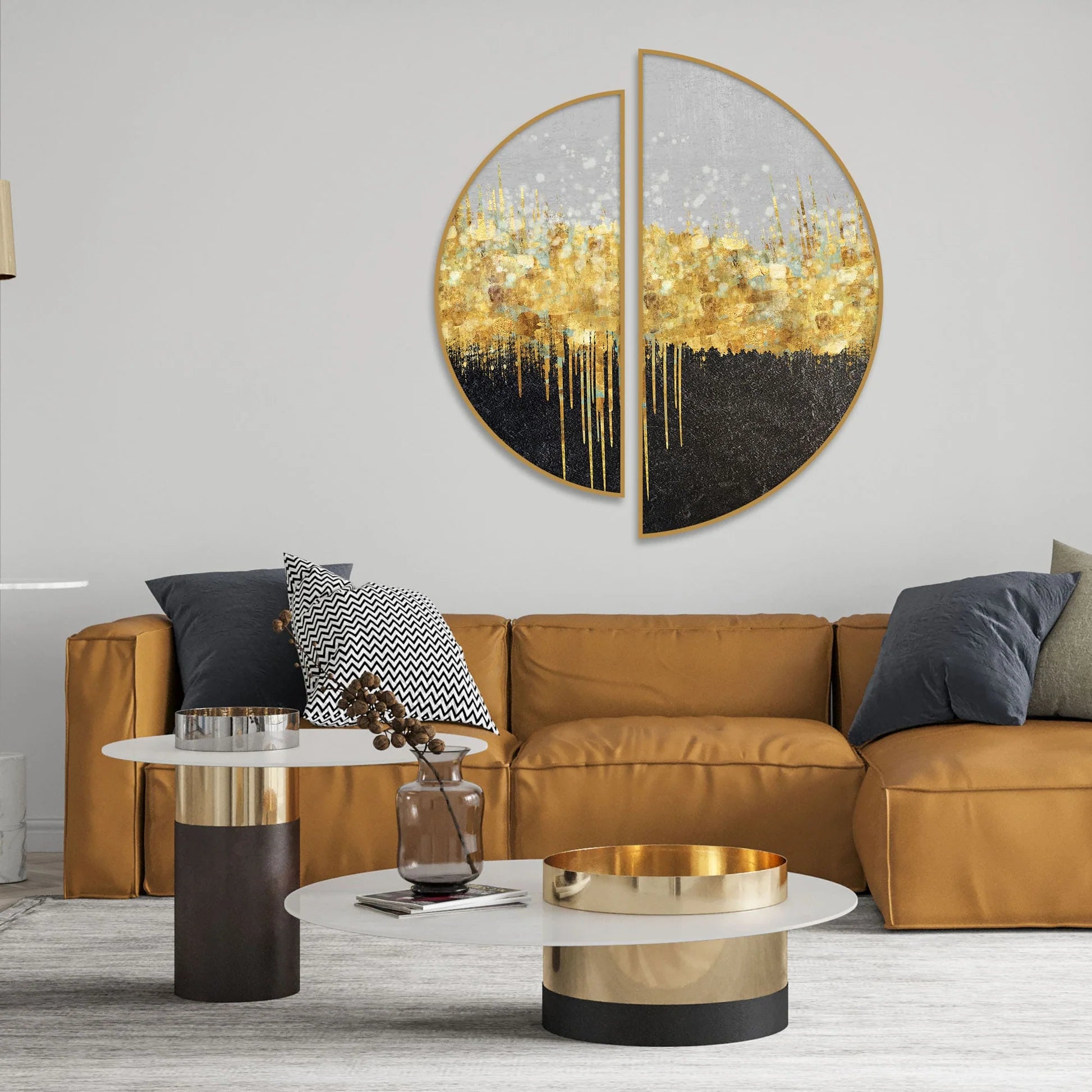 Golden Abstract Glitter Splash Art Semi Circle Frames Set Of 2 - Decor Mantra 