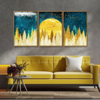 Golden Abstract Tree Premium Canvas Floating Canvas Wall Painting Set of Three DECORMANTRA