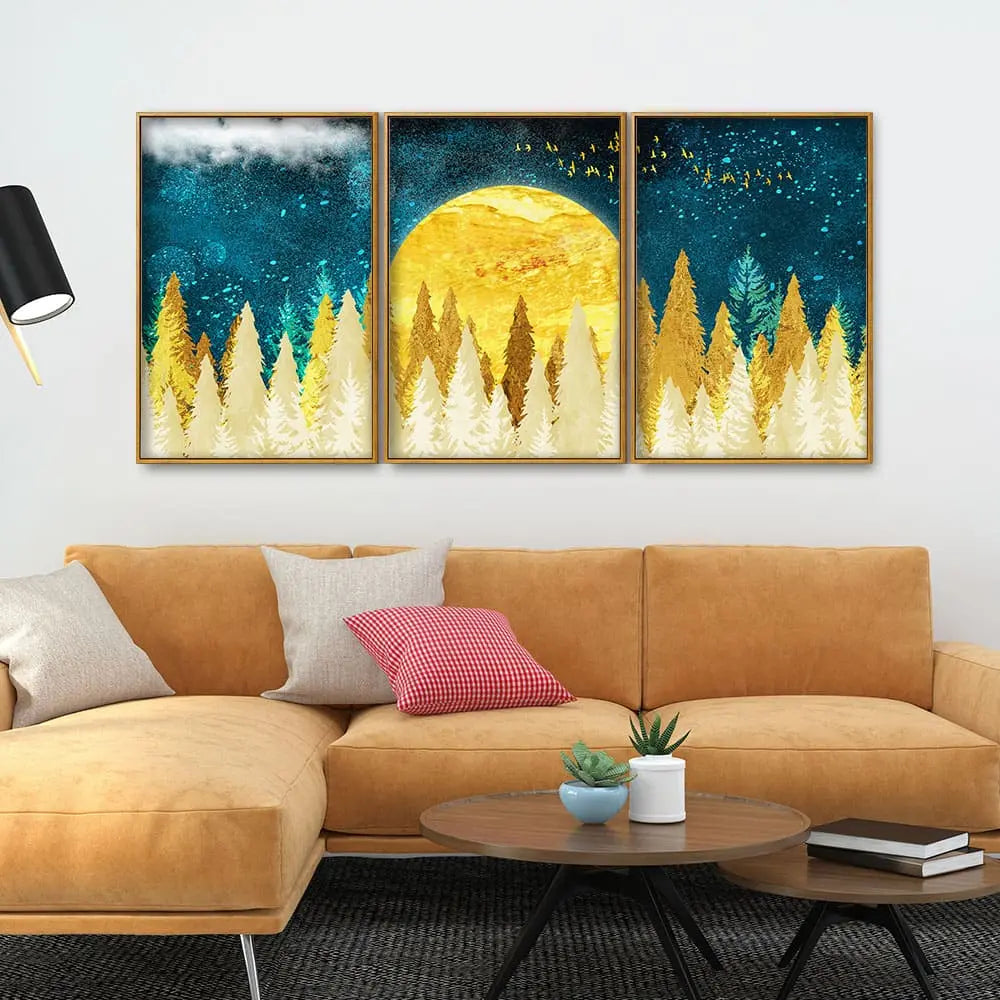 Golden Abstract Tree Premium Canvas Floating Canvas Wall Painting Set of Three DECORMANTRA