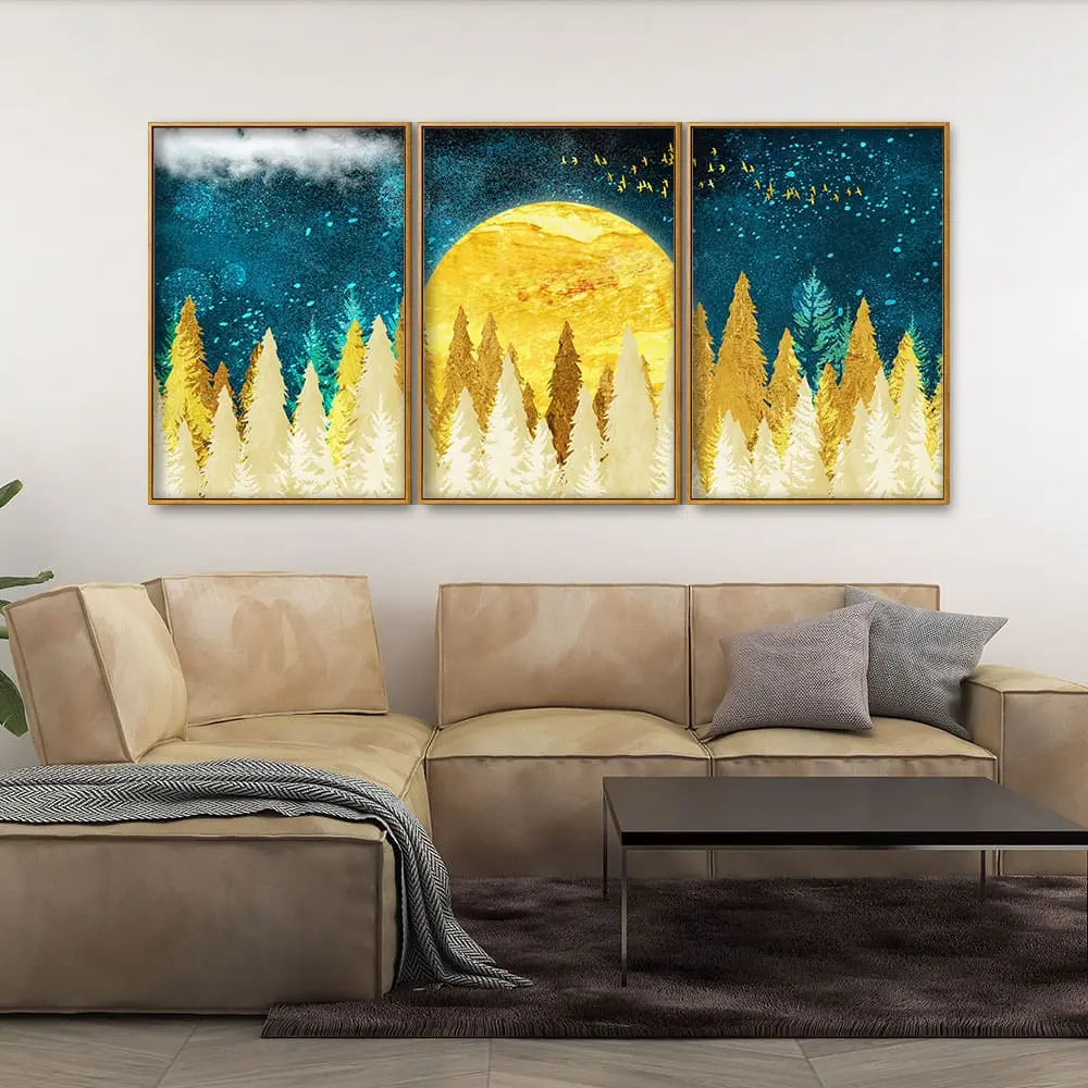 Golden Abstract Tree Premium Canvas Floating Canvas Wall Painting Set of Three DECORMANTRA