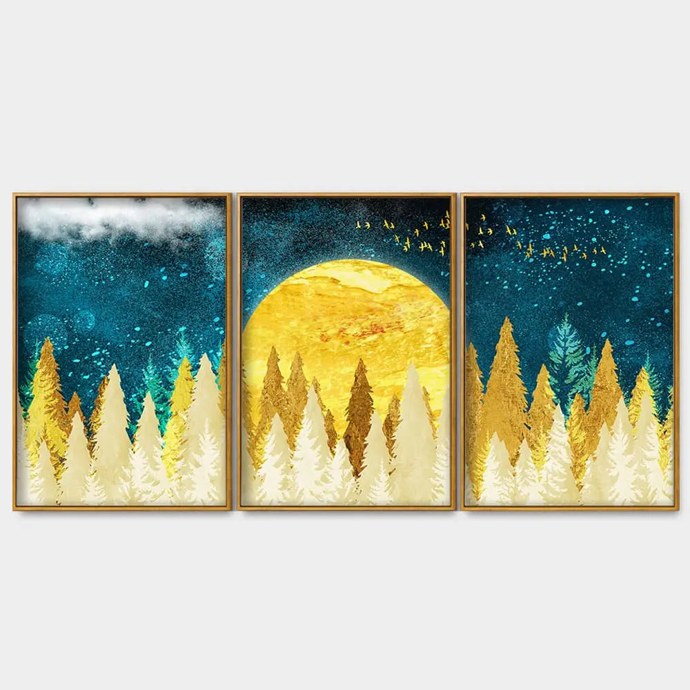 Golden Abstract Tree Premium Canvas Floating Canvas Wall Painting Set of Three DECORMANTRA