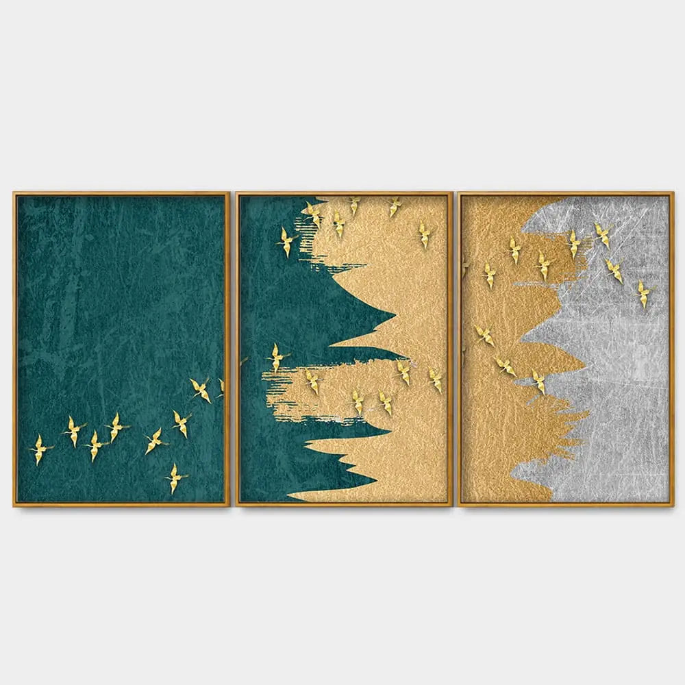 Golden Birds Flying Luxurious Art Premium Floating Canvas Wall Painting Set of Three Decor Mantra