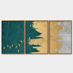 Golden Birds Flying Luxurious Art Premium Floating Canvas Wall Painting Set of Three Decor Mantra