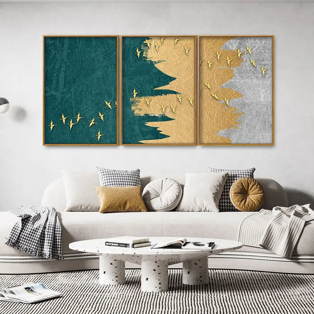 Golden Birds Flying Luxurious Art Premium Floating Canvas Wall Painting Set of Three Decor Mantra