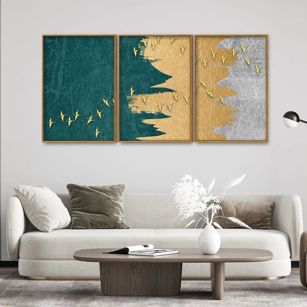 Golden Birds Flying Luxurious Art Premium Floating Canvas Wall Painting Set of Three Decor Mantra