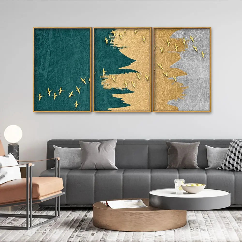 Golden Birds Flying Luxurious Art Premium Floating Canvas Wall Painting Set of Three Decor Mantra