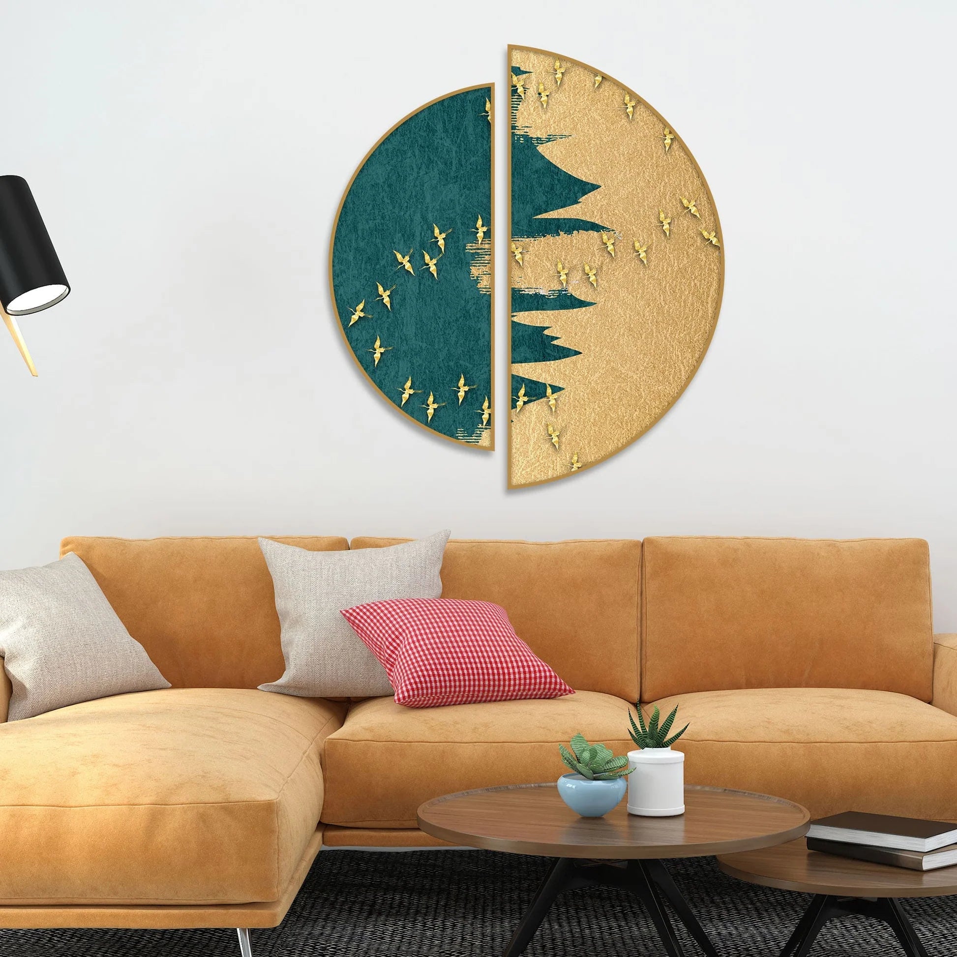 Golden Birds Flying Luxurious Art Semi Circle Frames Set Of 2 Decor Mantra