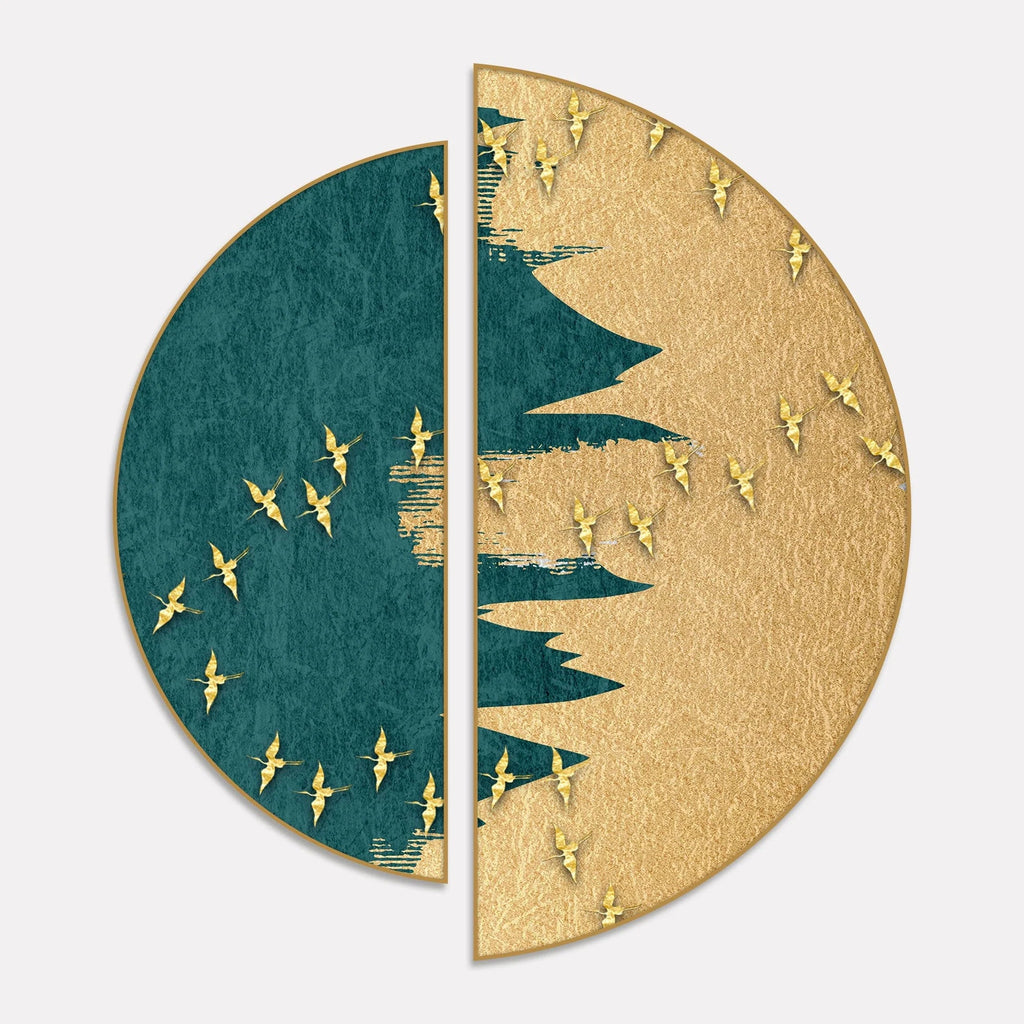 Golden Birds Flying Luxurious Art Semi Circle Frames Set Of 2 Decor Mantra