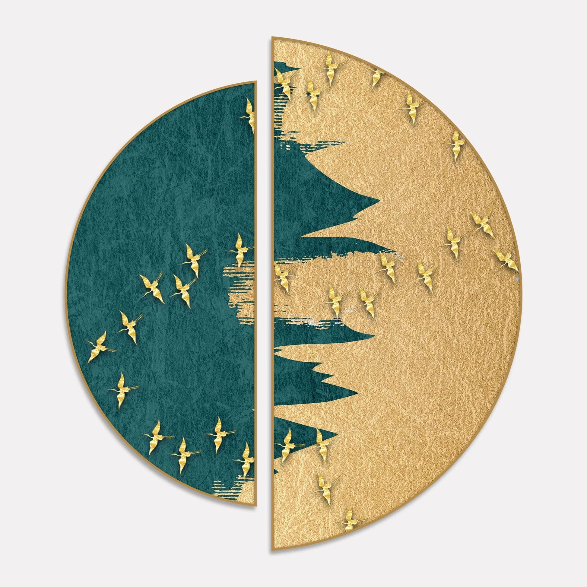 Golden Birds Flying Luxurious Art Semi Circle Frames Set Of 2 Decor Mantra