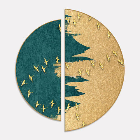 Golden Birds Flying Luxurious Art Semi Circle Frames Set Of 2