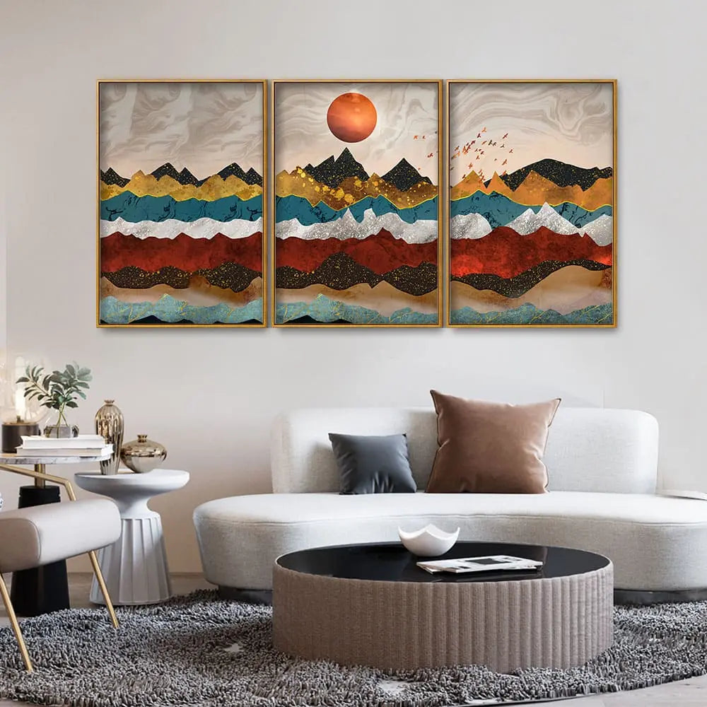 Golden Birds Flying Over Colorful Mountains Floating Canvas Wall Painting Set of Three Decor Mantra