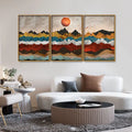 Golden Birds Flying Over Colorful Mountains Floating Canvas Wall Painting Set of Three Decor Mantra