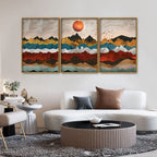 Golden Birds Flying Over Colorful Mountains Floating Canvas Wall Painting Set of Three Decor Mantra