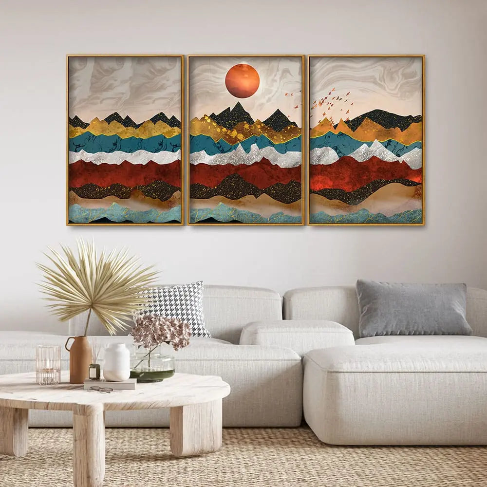 Golden Birds Flying Over Colorful Mountains Floating Canvas Wall Painting Set of Three Decor Mantra