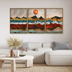 Golden Birds Flying Over Colorful Mountains Floating Canvas Wall Painting Set of Three Decor Mantra