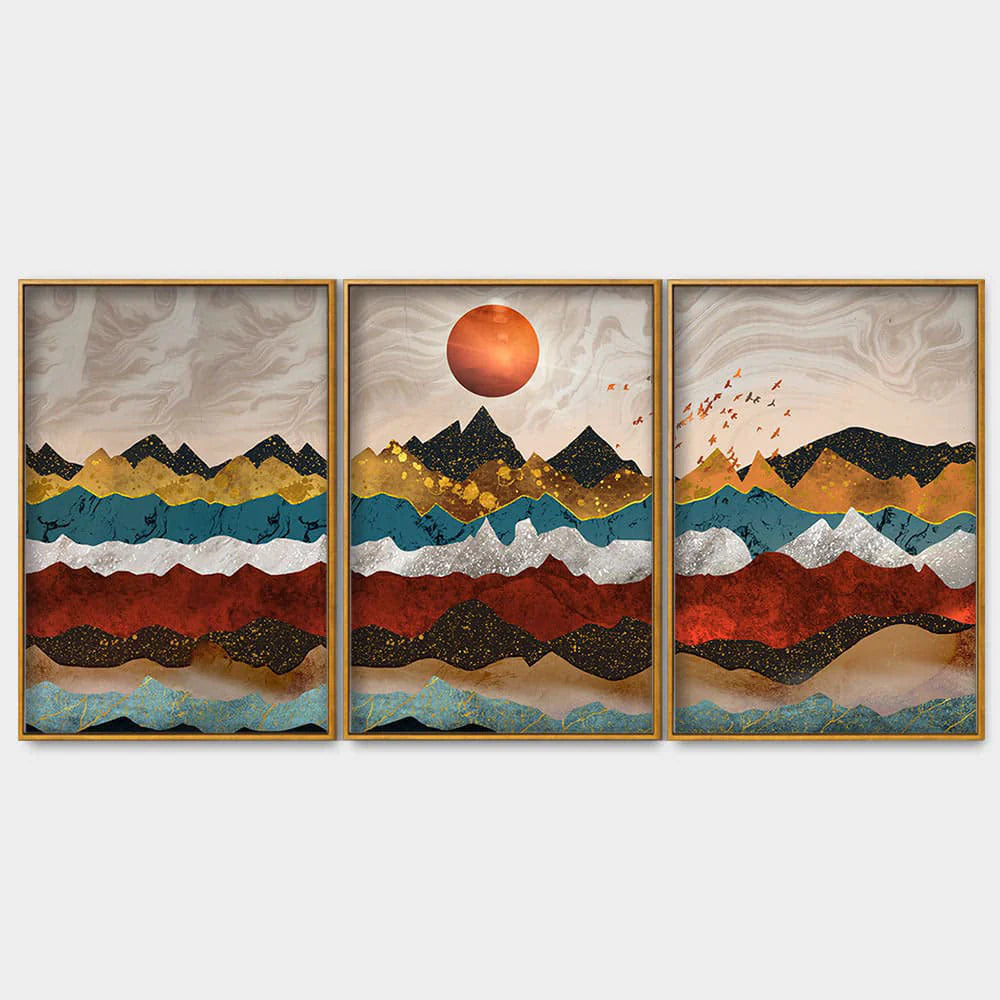 Golden Birds Flying Over Colorful Mountains Floating Canvas Wall Painting Set of Three Decor Mantra