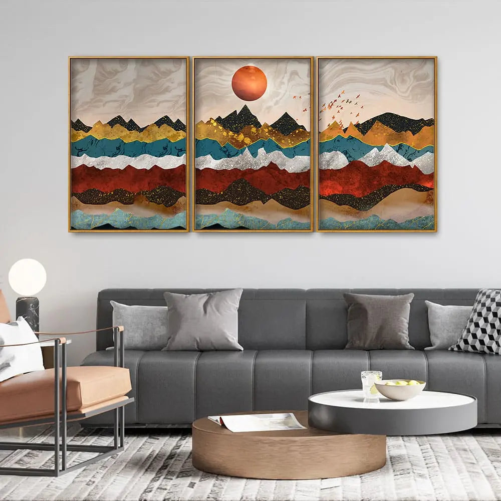 Golden Birds Flying Over Colorful Mountains Floating Canvas Wall Painting Set of Three Decor Mantra